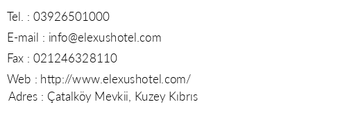 Elexus Hotel Resort Casino telefon numaralar, faks, e-mail, posta adresi ve iletiim bilgileri